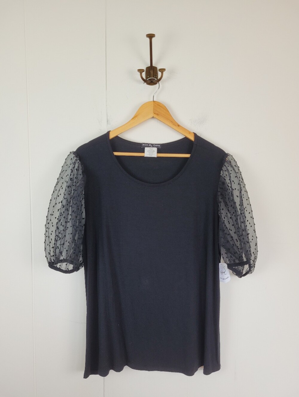 Kim & Cami 1X Black Sheer Swiss Dot Puff Sleeve Top